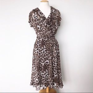 MSK - Faux Wrap Leopard Print Ruffle, Light Sheer A Line Dress Sz6